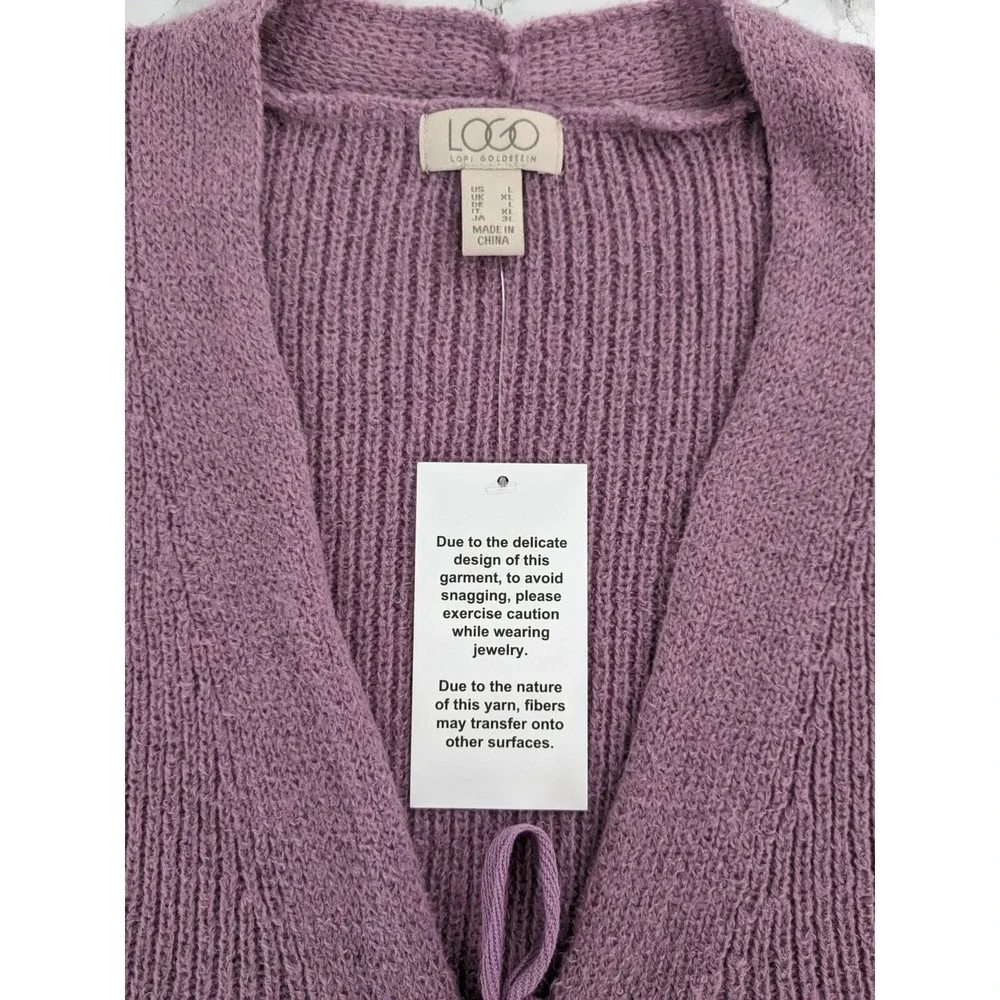 New LOGO Lori Goldstein Long Cardigan Sweater‎ Ribbed Knit Tie Front Pink Large